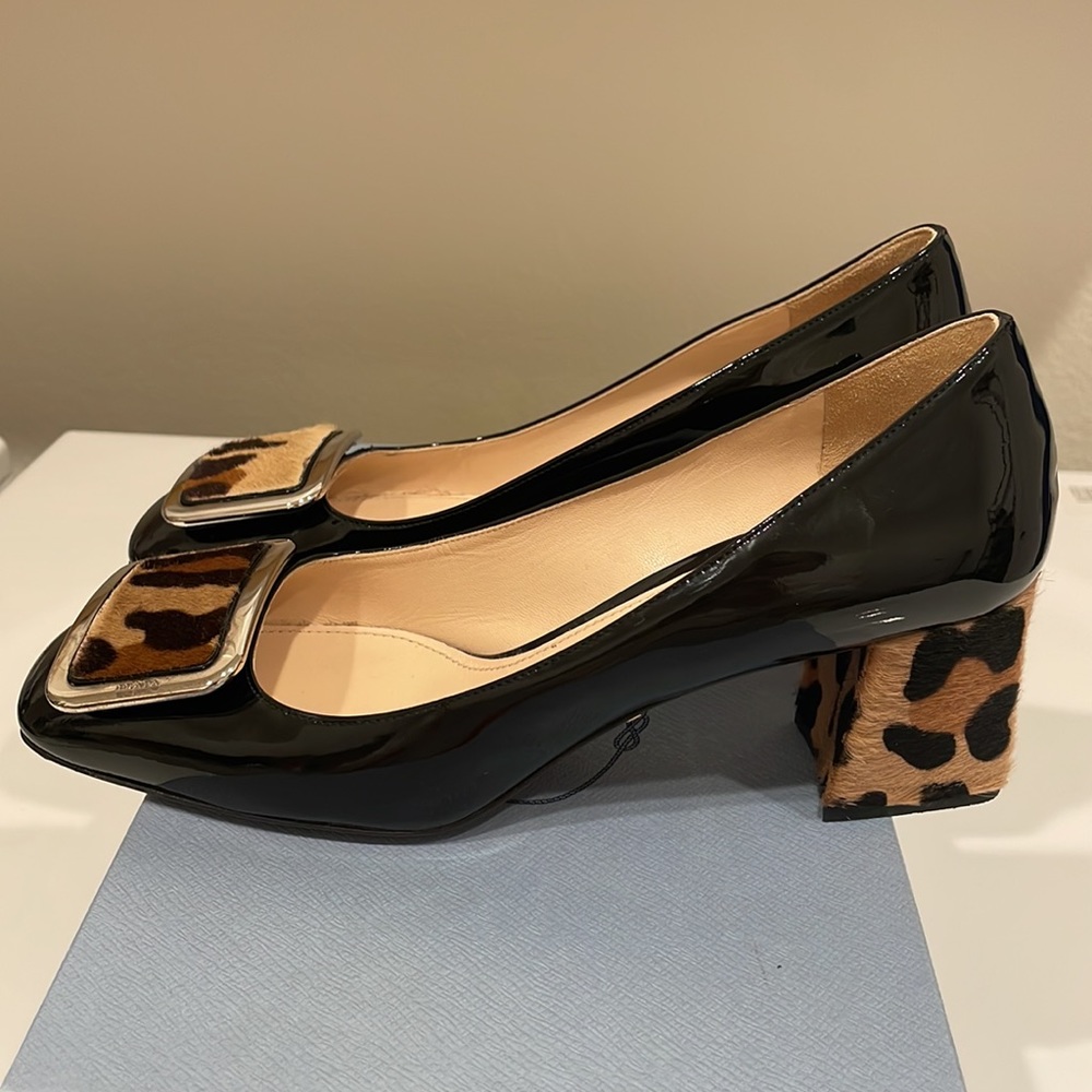 Prada Black Patent Leather & Leopard Calfskin Block Heel - Picture 5 of 13